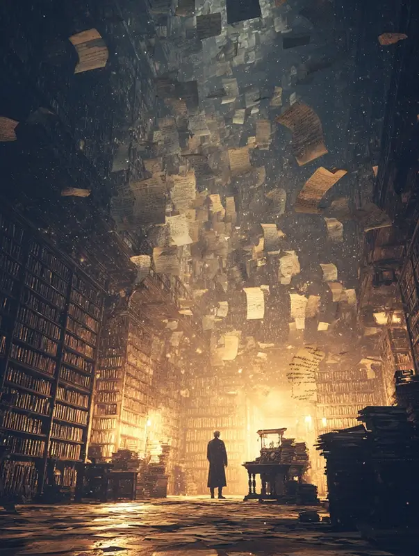 composition showing the evolution of human knowledge coming together in one unified scene. The image blends three key moments seamlessly: medieval monks copying manuscripts, Johannes Gutenberg operating the printing press, and Enlightenment philosophers collaborating on an encyclopedia. These scenes are not separated but connected through a flowing stream of glowing pages and light that moves across the image, linking each moment in a continuous motion. 