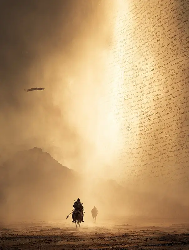 A scene showing the evolution of human communication across time. A glowing thread of light connects different moments: a clay tablet being written, a horse rider carrying a message, a pigeon flying across the sky.