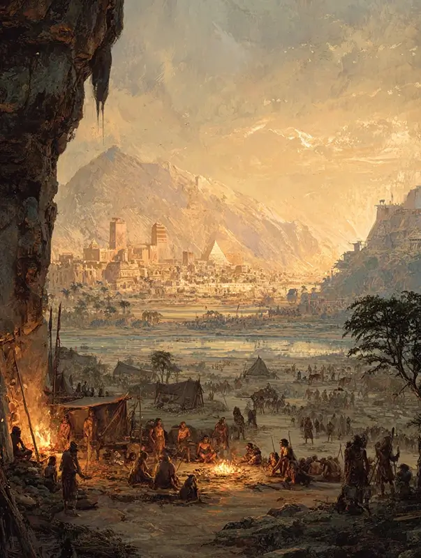 A scene showing the evolution of human communication across time. In the foreground, ancient humans gathered around a fire, sharing stories and knowledge. In the middle ground, early civilizations writing on stone tablets and scrolls. In the background, vast empires connected by messengers and horseback postal networks crossing deserts and mountains.