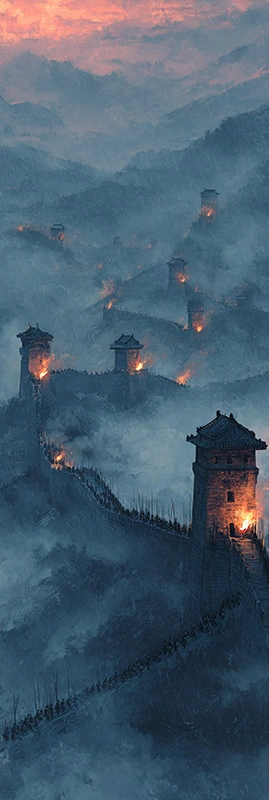A cinematic historical scene showing ancient long-distance communication using smoke and fire. In the background, the Great Wall of China with watchtowers lighting colored fire signals.