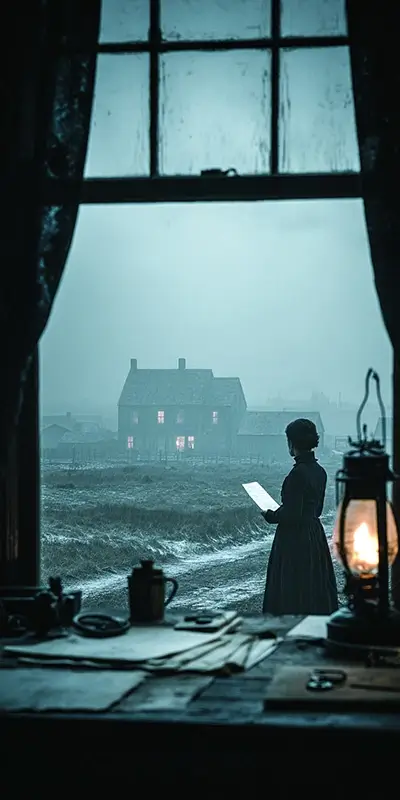 scene showing the emotional isolation of long-distance communication before the telephone. In the foreground, a woman stands by a wooden table inside a dimly lit candlelit room, holding a handwritten letter with a worried expression.