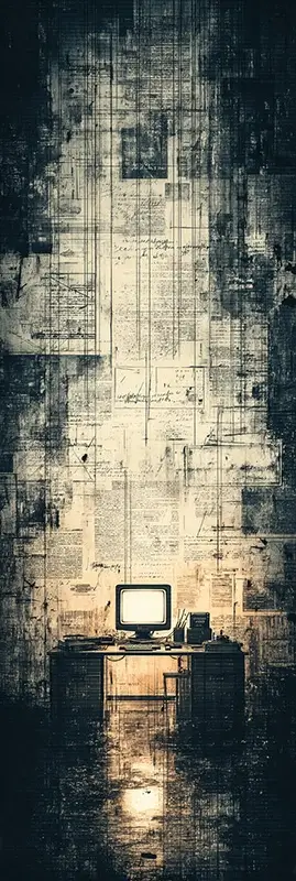 At the center of the image stands a glowing computer as the main symbol of transformation. Around it, are visual traces of older communication methods handwritten letters, newspapers, telephone wires, rotary phones, printed documents, and physical networks.