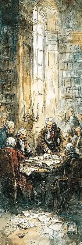 scene of Enlightenment philosophers gathered in an elegant 18th-century salon, passionately discussing and creating an encyclopedia. Several thinkers sit and stand around a large wooden table covered with open books, loose papers, ink pots, and quills. One philosopher gestures energetically while speaking, another writes quickly, and others exchange ideas with expressive movements.