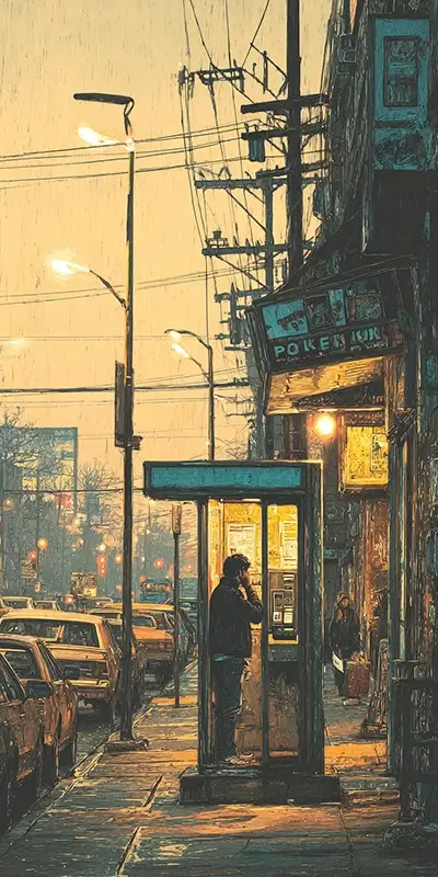 A nostalgic 1990s street scene featuring an iconic public payphone on a sidewalk at dusk