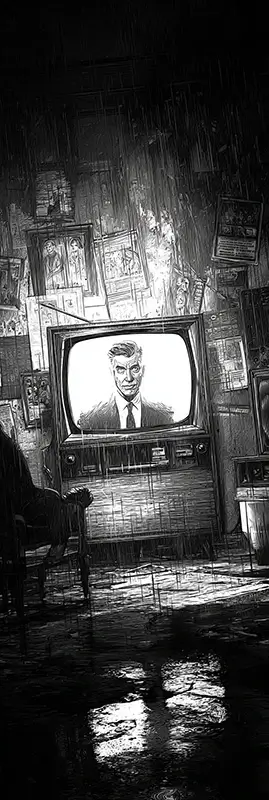 a vintage 1950s television set at the center of a room. From inside the screen, a single television personality elegant in close up, expressive, and larger-than-life seems almost to emerge into the centre of the imagem, symbolizing the power of television to dominate culture and imagination.
