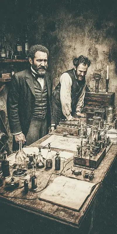 Alexander Graham Bell and Thomas Watson in a small Boston laboratory in 1876