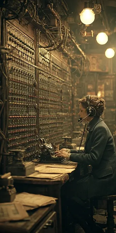 Historical scene of a female telephone operator in the late 1880s sitting at a large manual switchboard