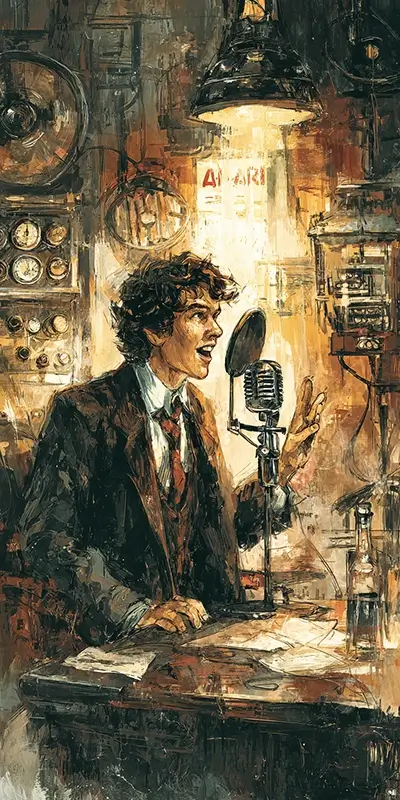 an close up young radio broadcaster speaking live into a large vintage 1930s studio microphone during a classic radio program
