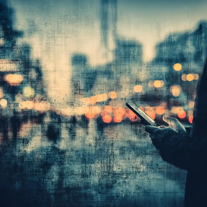 A person standing in a city street at dusk holding a smartphone, the screen glowing softly