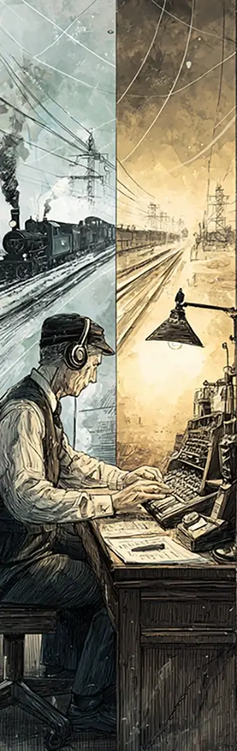 Morse Code in action as a revolutionary communication system. In the foreground, a skilled 19th-century telegraph operator sits at a wooden desk