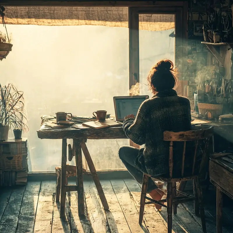 A young woman sitting at a wooden desk working focused on a laptop, bare feet resting comfortably on the chair