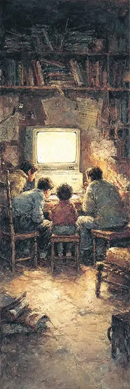 a family gathered around a bulky desktop computer in a cozy living room