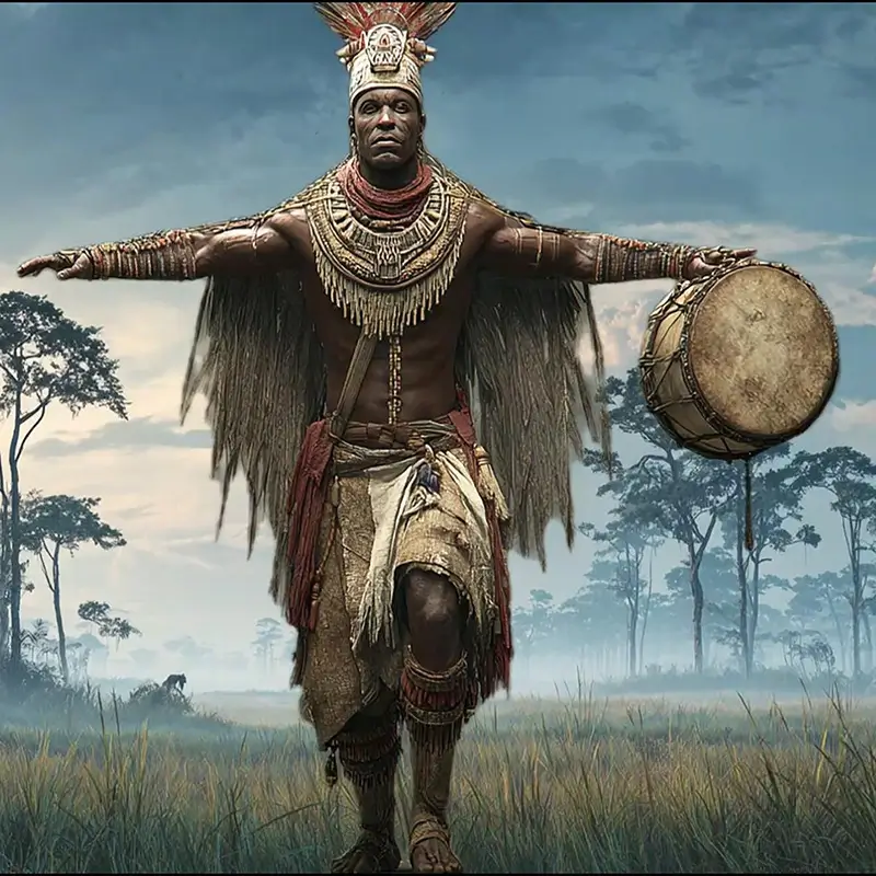 A powerful African tribal messenger warrior standing in a vast misty savanna