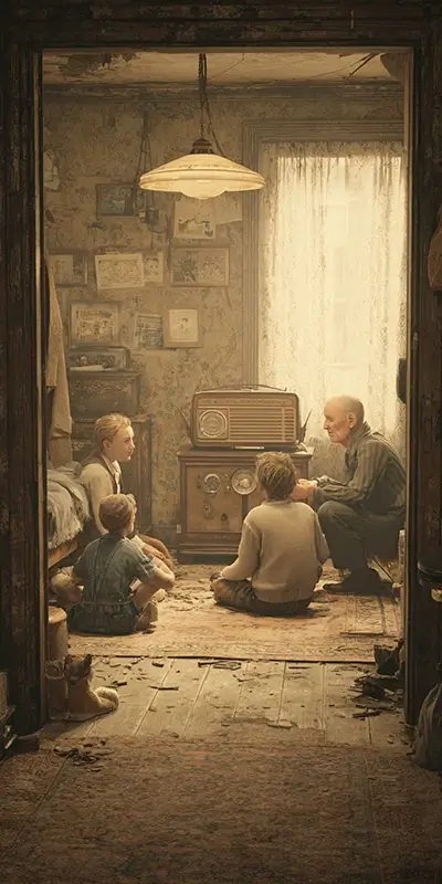 an ordinary family evening in the 1930s centered around a radio