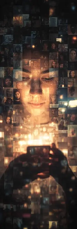 a person holding a phone, deeply emotional expression, illuminated by soft screen light, while dozens of semi-transparent human faces