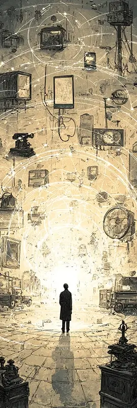 a person standing at the center while different eras of communication unfold around them in a circular timeline: ancient drums, messenger pigeons, printing press, telegraph wires, vintage telephone, and modern smartphones