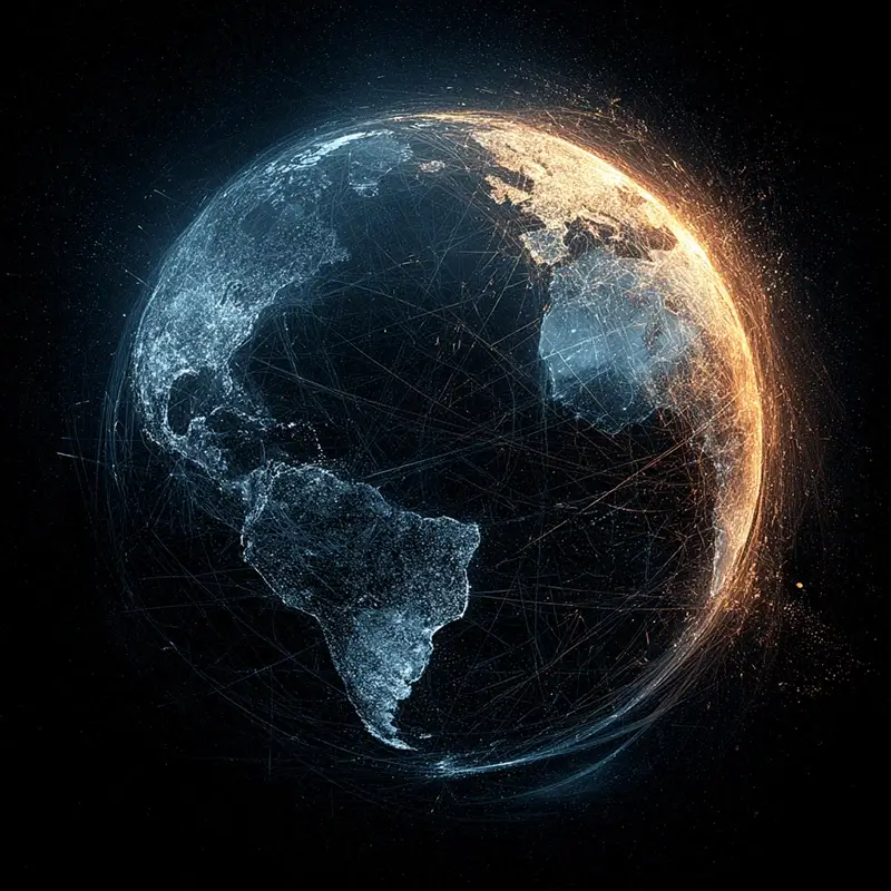 Earth glowing in the darkness of space, continents composed of connected digital lines