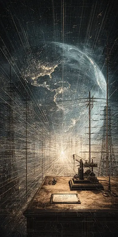 illustration showing the evolution of global communication beginning with the electric telegraph