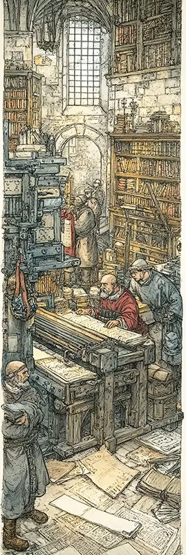 scene of Johannes Gutenberg operating his early printing press inside a 15th-century workshop.