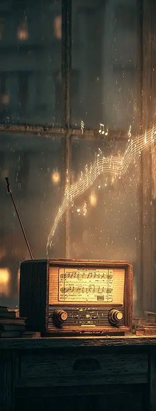 an old radio sits on an antique wooden table, surrounded by scattered music sheets and notes in front of a window with raindrops falling outside