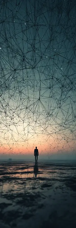 a single person standing in a quiet open space at dusk, symbolizing isolation, soft natural lighting, minimal environment, gradually surrounded by glowing digital connections forming a vast network