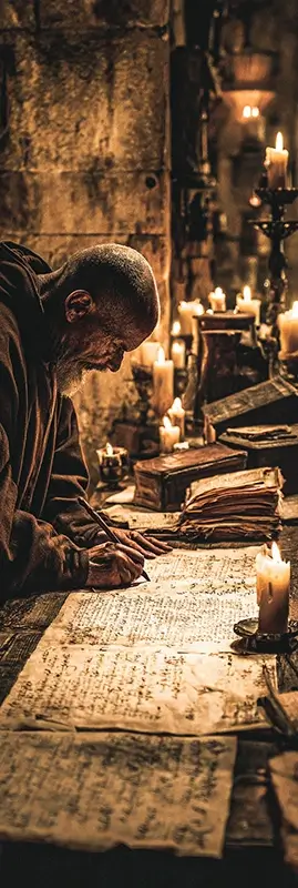 A medieval monk scribe carefully copying a manuscript by hand in a dimly lit monastery