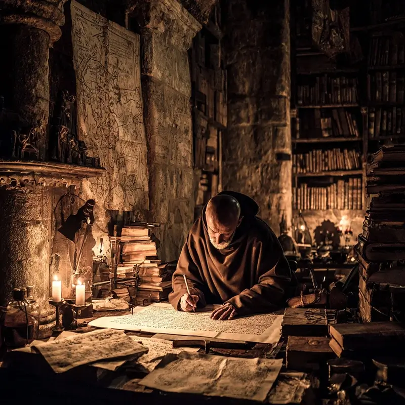 A medieval monk scribe carefully copying a manuscript by hand in a dimly lit monastery