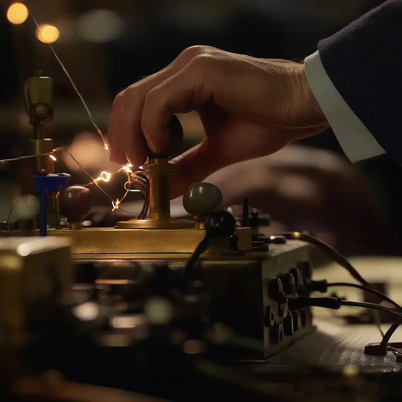 Close-up of a hand operating a vintage Morse code telegraph machine