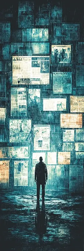 a person standing in front of multiple glowing floating screens in a dark modern space, some screens showing trustworthy news and others distorted, fragmented or misleading information