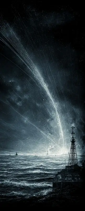 illustration of the first transatlantic wireless signal in 1901. On one side of the image, a powerful transmission station in Cornwall, England sends out glowing radio waves into the sky