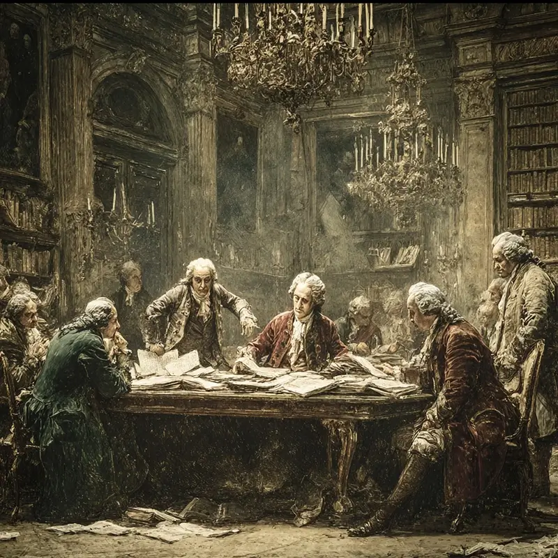 A group of Enlightenment philosophers gathered around a large wooden table in an 18th century Parisian salon