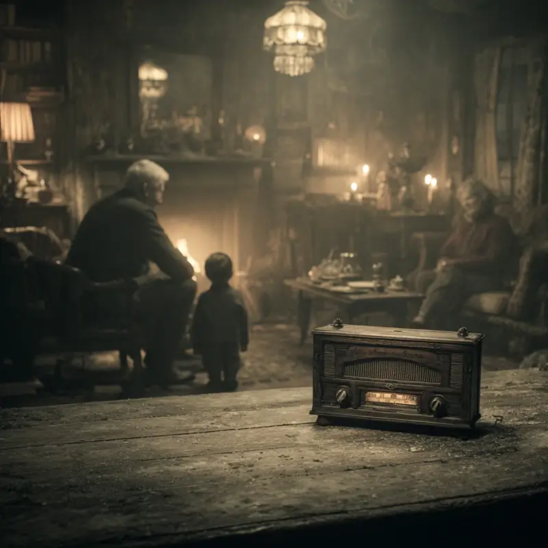 Scene showing the first emotional impact of radio entering everyday life, in a warmly lit early 20th-century living room