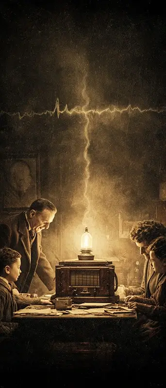 In a warmly lit early 20th-century living room, a vintage wooden tabletop radio glows softly as if alive. A family sits around it in awe