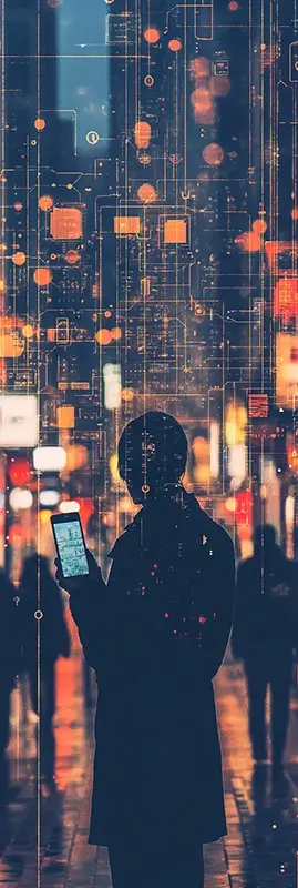 a person standing in a city street at dusk holding a smartphone in their hand, the screen glowing softly and subtly reflecting maps, messages, web pages and digital icons