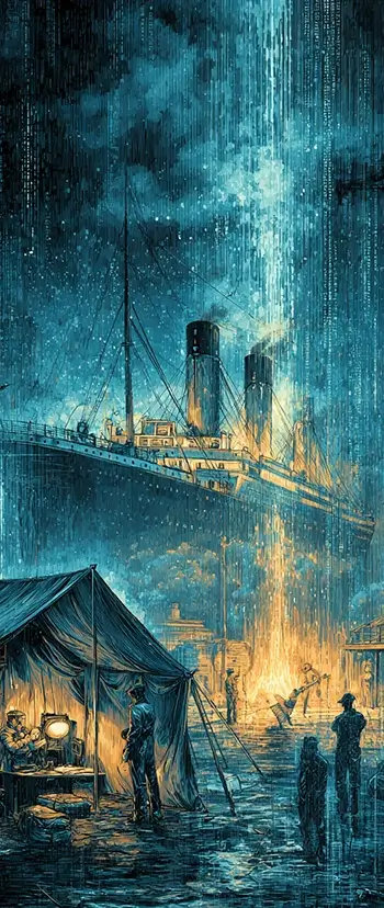 Historical image of telegraph operators and the Titanic SOS signal