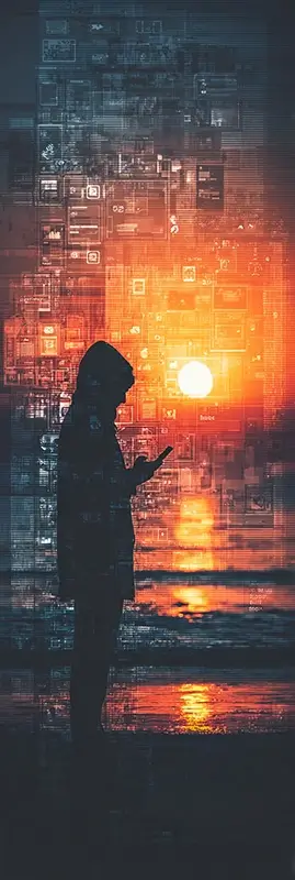 a person standing before a beautiful sunset but looking only at their smartphone, the natural world fading into the background while glowing social media notifications, icons, scrolling interface elements and digital light
