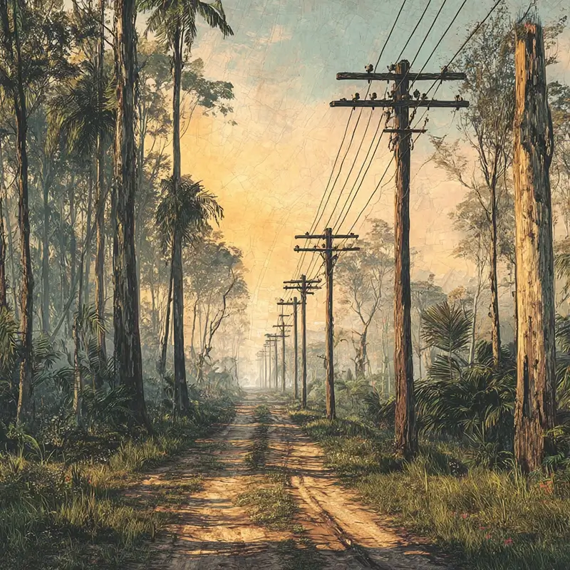 A long dirt road cutting through a dense forest in the Tropical American, circa 1860s, with tall wooden telegraph poles