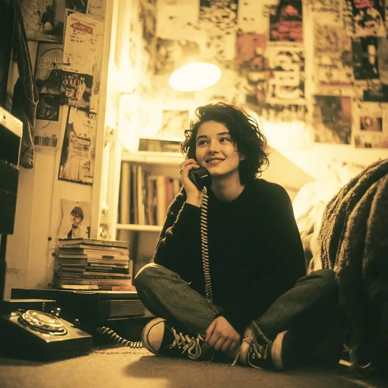 A young woman sitting on the floor of her bedroom talking on a corded landline telephone