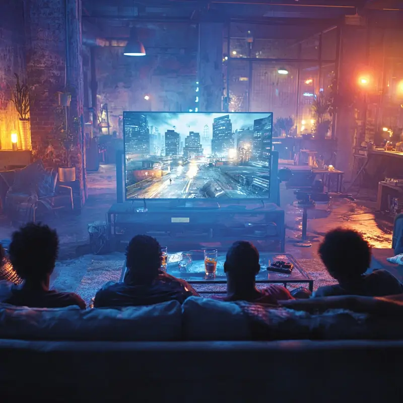 A group of friends are watching a film on a large flat-screen TV placed at the center of the room