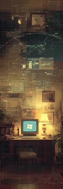 scene centered on a 1990s desktop computer with a glowing Windows-style interface