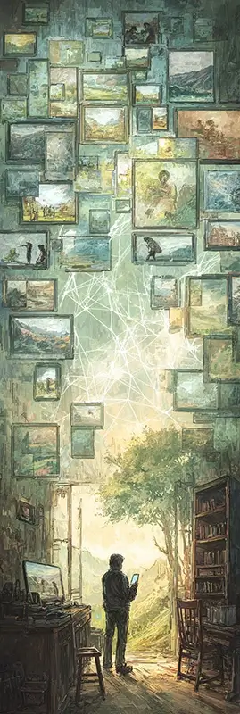 a person in a small-town home using a smartphone, surrounded by floating windows of global knowledge and human connection