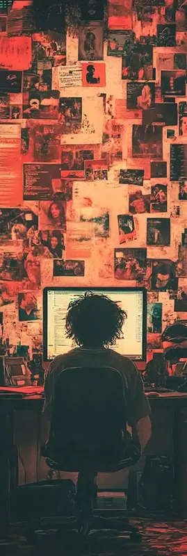 a teenager sitting at a desktop computer in a bedroom filled with soft nostalgic details