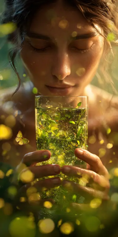 A woman holding a glass filled with the essence of nature, as if she is drinking pure life. Inside the glass, swirling green mist, tiny glowing leaves, soft floating petals, and particles of light. Her expression is serene and mesmerized. Sunlight filtering through the trees creates golden bokeh around her