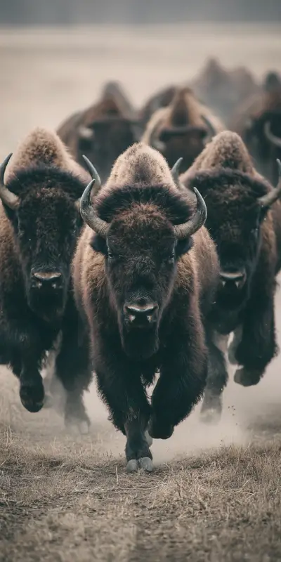 A herd of American bison run across a dry grassland with snow-covered mountains and a pine forest in the background, symbolizing wildlife resurgence in protected natural parks.