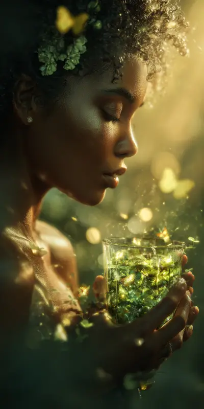 A woman holding a glass filled with the essence of nature, as if she is drinking pure life. Inside the glass, swirling green mist, tiny glowing leaves, soft floating petals, and particles of light. Her expression is serene and mesmerized. Sunlight filtering through the trees creates golden bokeh around her.