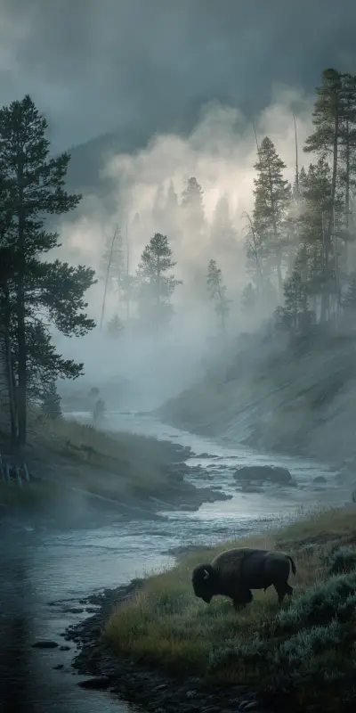 A misty landscape in Yellowstone National Park showing a bison standing near a riverbank, with fog covering the forested hills in the background and other bison grazing in the distance. The scene is moody and serene, emphasizing the wild and protected environment of the park.