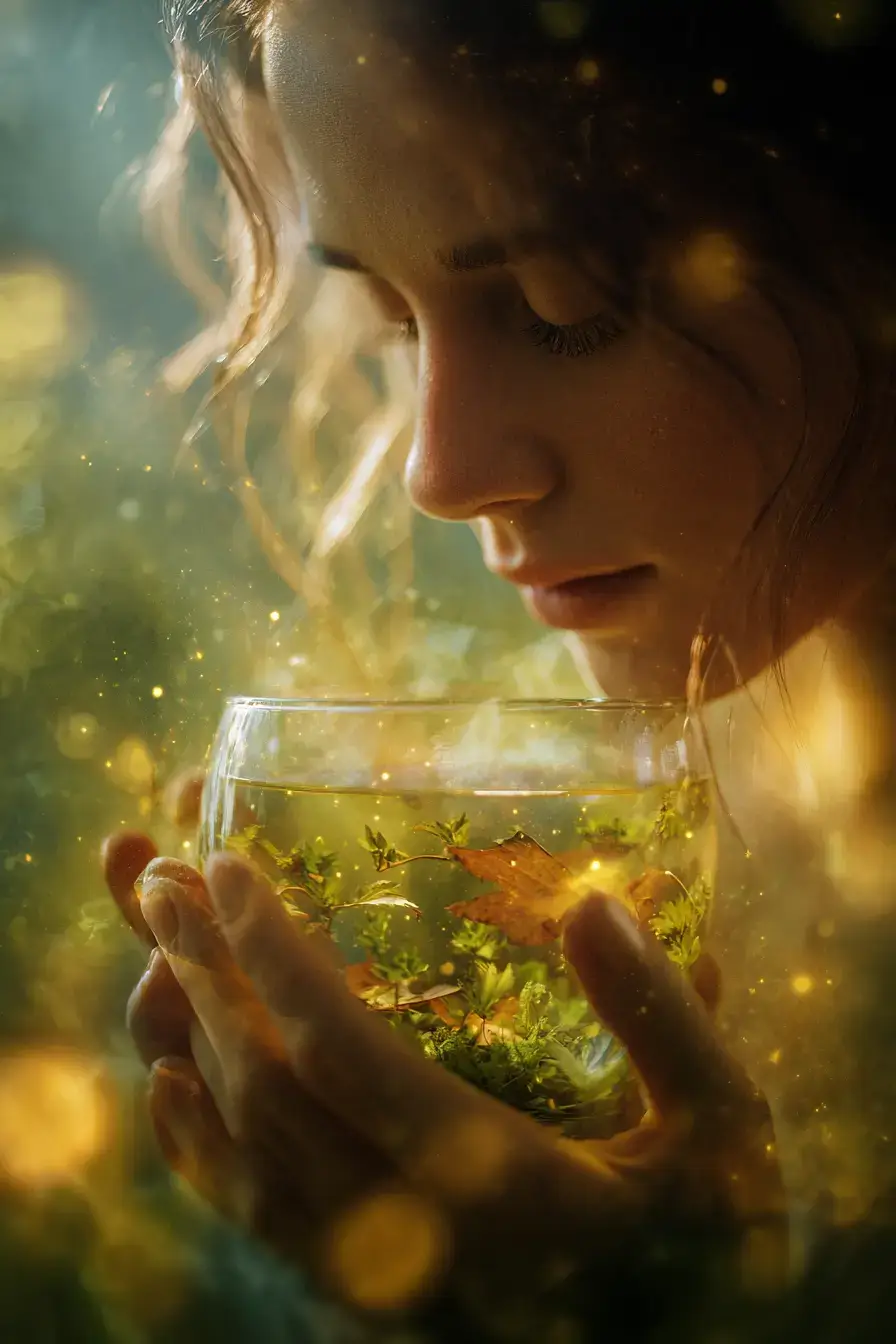 A woman holding a glass filled with the essence of nature, as if she is drinking pure life. Inside the glass, swirling green mist, tiny glowing leaves, soft floating petals, and particles of light. Her expression is serene and mesmerized. Sunlight filtering through the trees creates golden bokeh around her