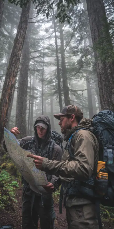 A friendly hiking group at the start of a trail. A diverse group of beginners stands in a semicircle around an experienced guide who is holding a topographic map and pointing to the route. Some hikers are looking at the map, others are checking a hiking app on their smartphones, showing trail info and elevation.