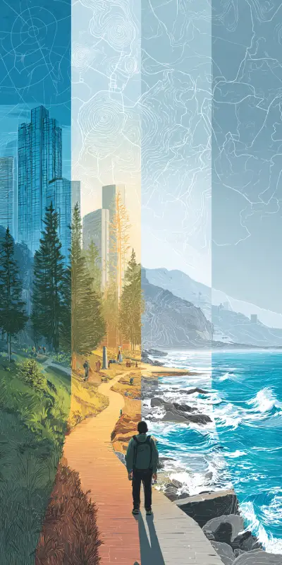 Hiker with backpack looking out at a misty pine forest, representing different types of trails to explore