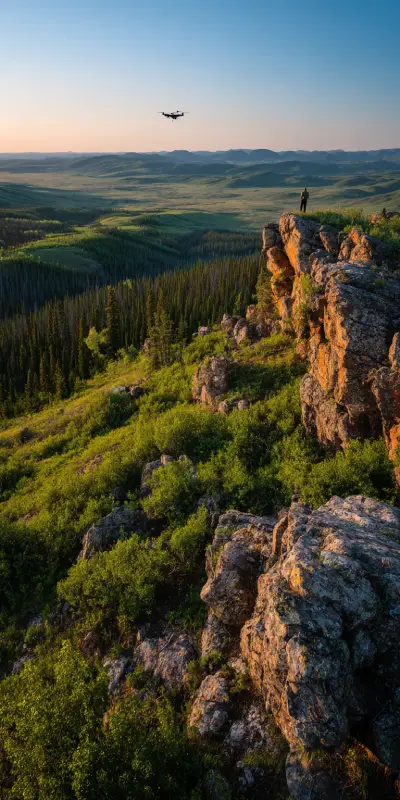 vast national park landscape at golden hour, where a lone park ranger stands on a rocky ridge overlooking an ancient forest stretching to the horizon.